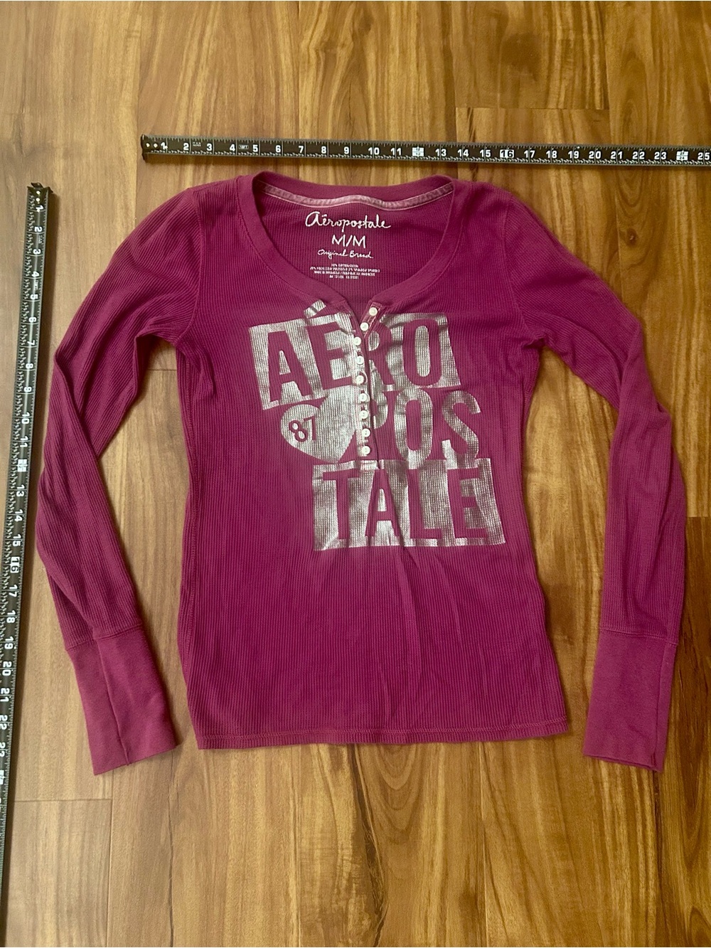 Aeropostale Long Sleeve Heart 87 Henley Top Raspberry Pink Waffle Thermal